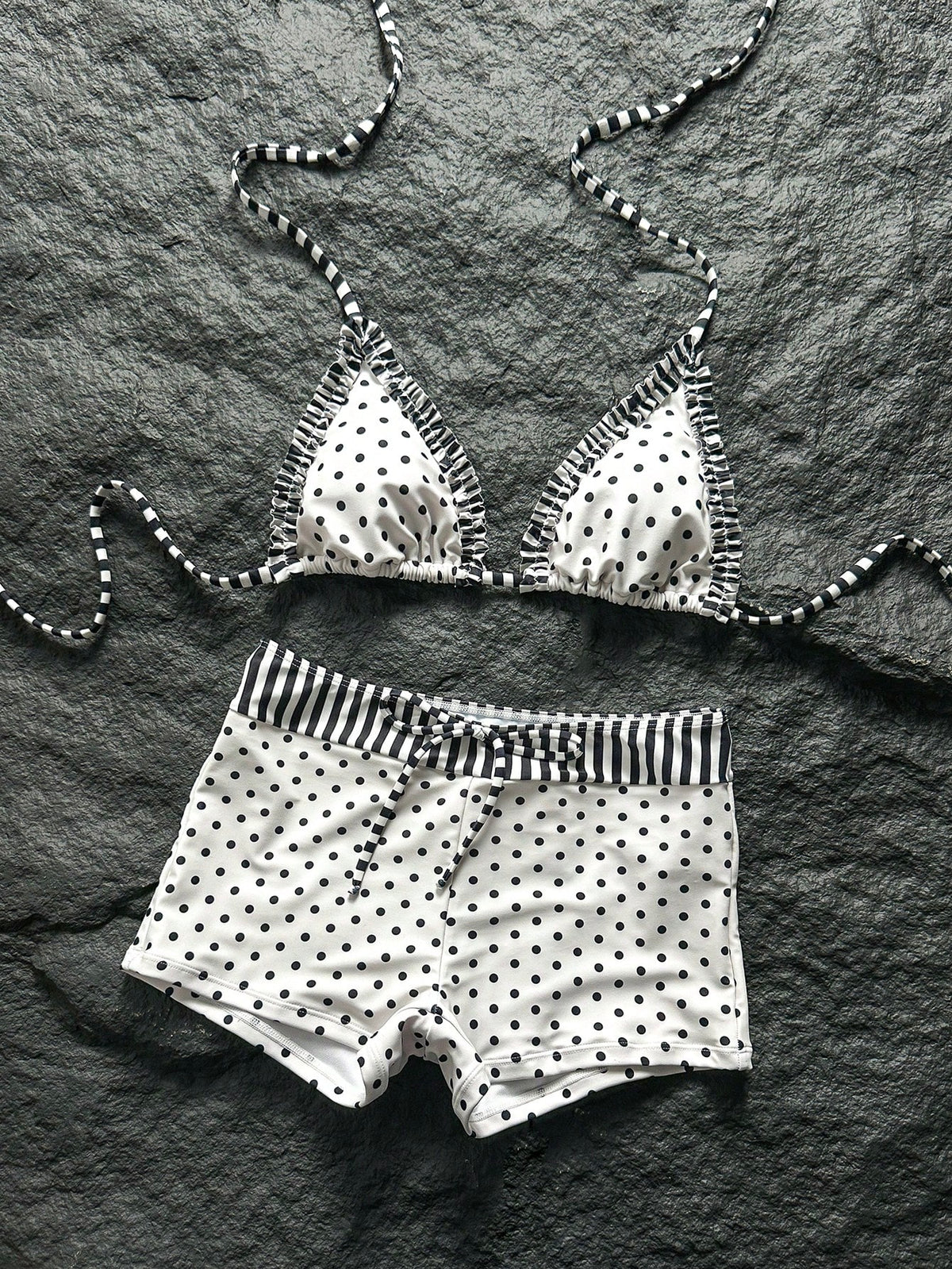 Swim Mod New Women's Beach Pool Party Vacation Fashion Sexy Casual Black & White Polka Dot Striped Patchwork Halter Bikini Set, Ruffled Triangle Top & Hipster Shorts Swimsuit