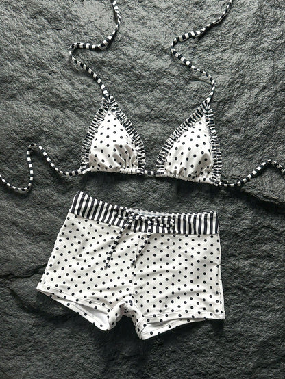 Swim Mod New Women's Beach Pool Party Vacation Fashion Sexy Casual Black & White Polka Dot Striped Patchwork Halter Bikini Set, Ruffled Triangle Top & Hipster Shorts Swimsuit