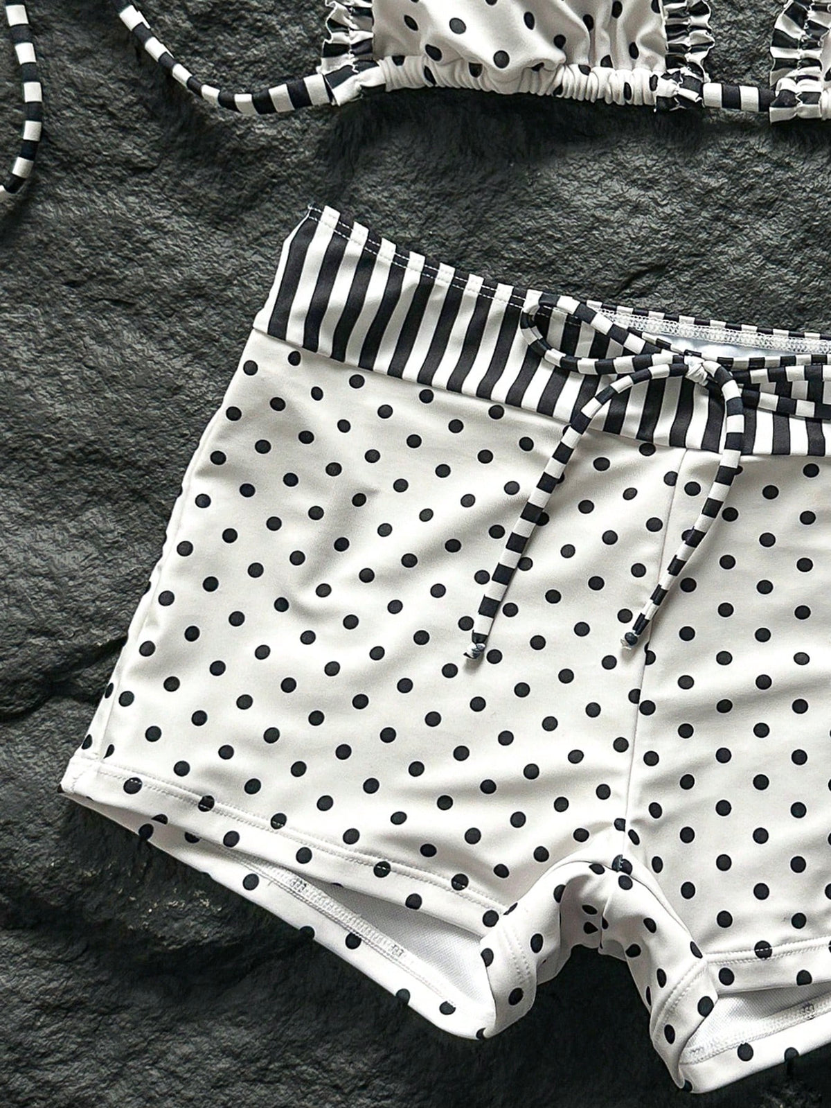 Swim Mod New Women's Beach Pool Party Vacation Fashion Sexy Casual Black & White Polka Dot Striped Patchwork Halter Bikini Set, Ruffled Triangle Top & Hipster Shorts Swimsuit