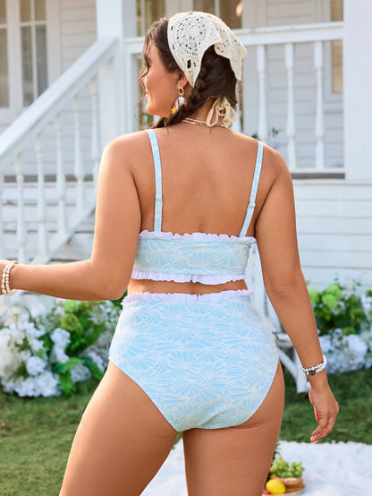 Swim Mod Plus Size 2pcs Floral Print Bandeau Bikini Set With Detachable Straps And High-Waisted Bottoms, Suitable For Summer Beach Vacation