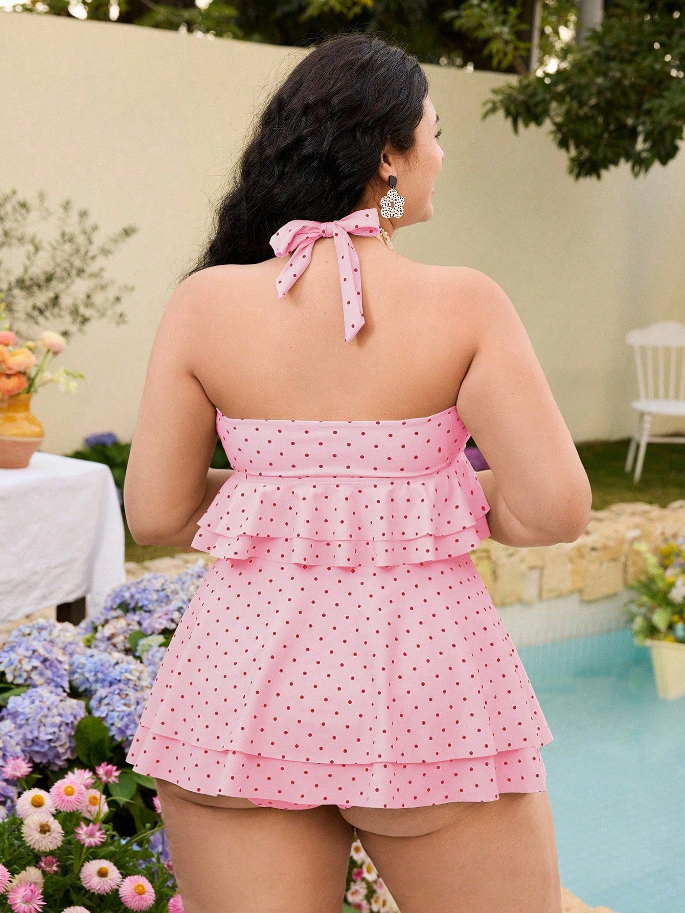 Swim Mod Plus Size Polka Dot Print Beach Vacation Swimsuit Set