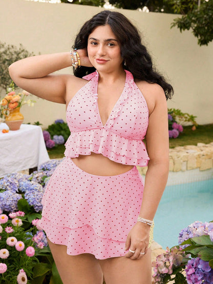 Swim Mod Plus Size Polka Dot Print Beach Vacation Swimsuit Set
