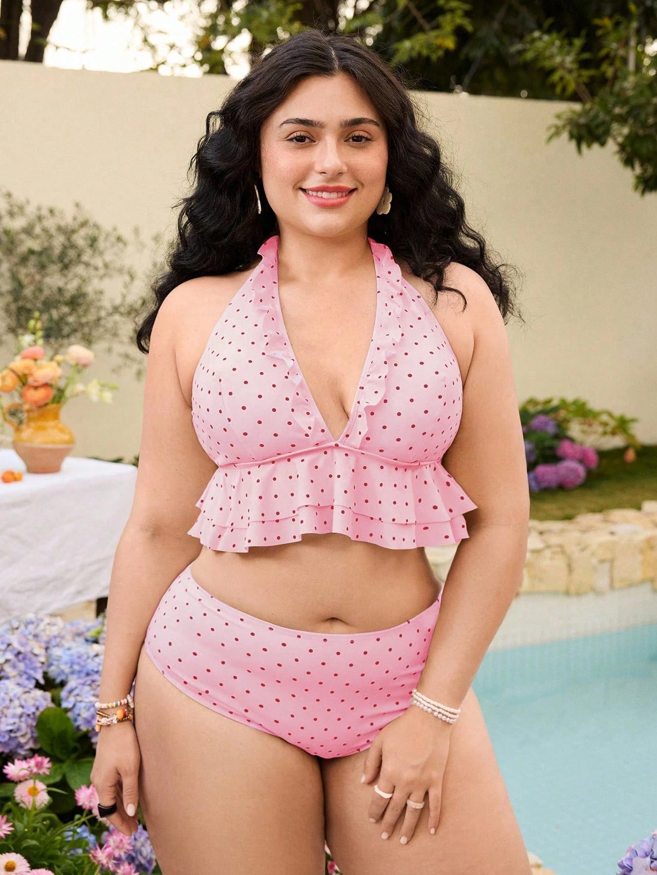 Swim Mod Plus Size Polka Dot Print Beach Vacation Swimsuit Set