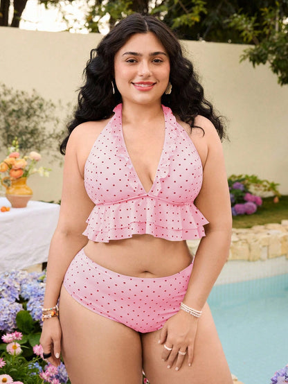Swim Mod Plus Size Polka Dot Print Beach Vacation Swimsuit Set