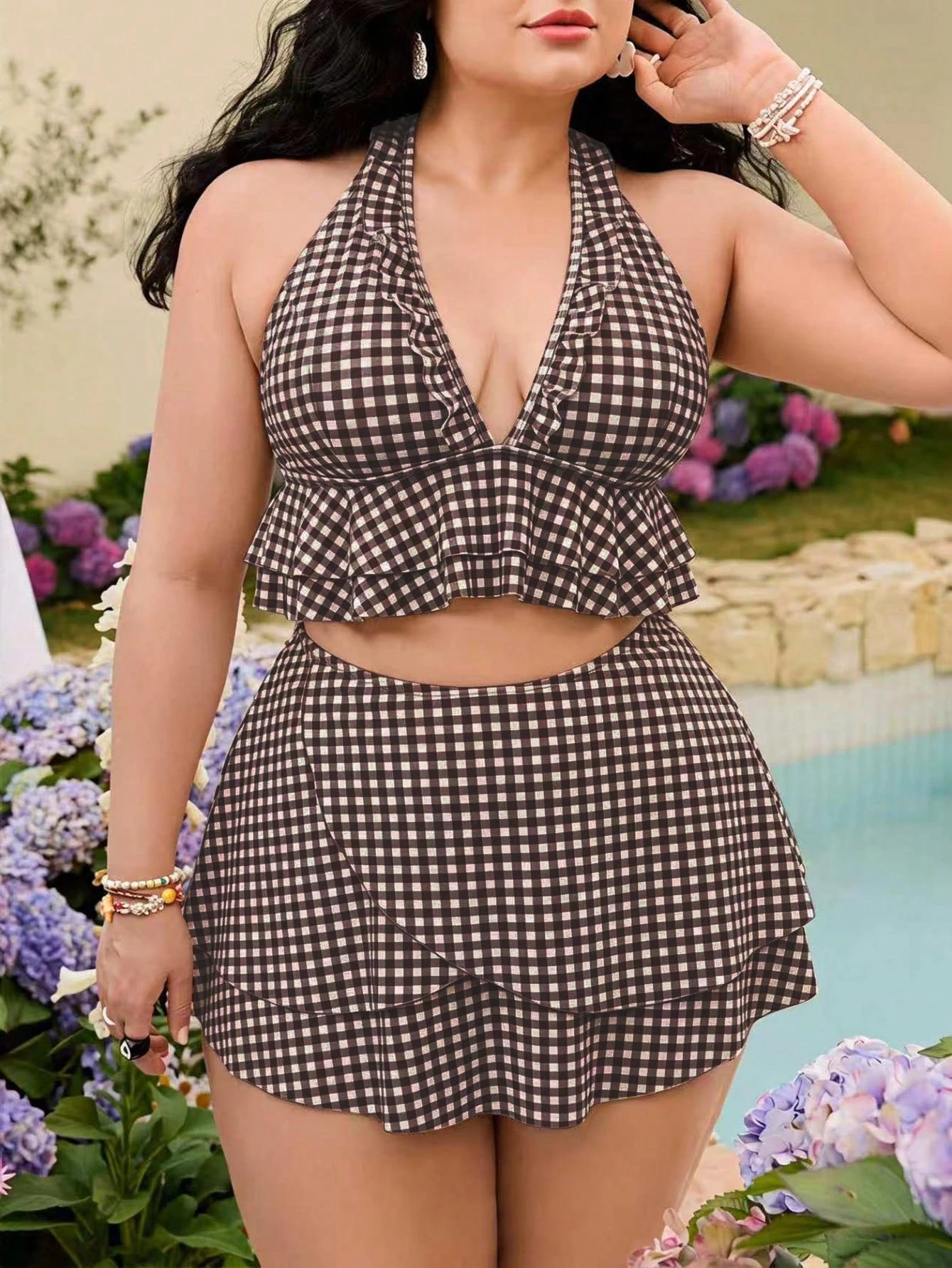 Swim Mod Plus Size Vacation Beach Vacation Plaid Swimsuit Set Summer
