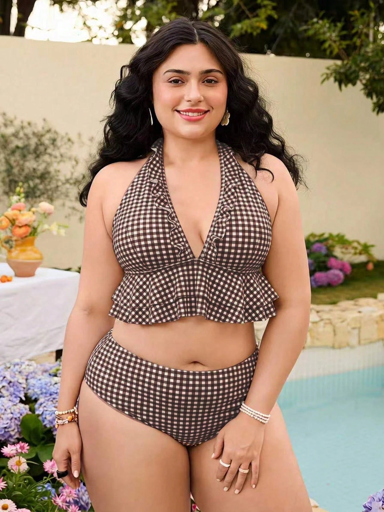 Swim Mod Plus Size Vacation Beach Vacation Plaid Swimsuit Set Summer