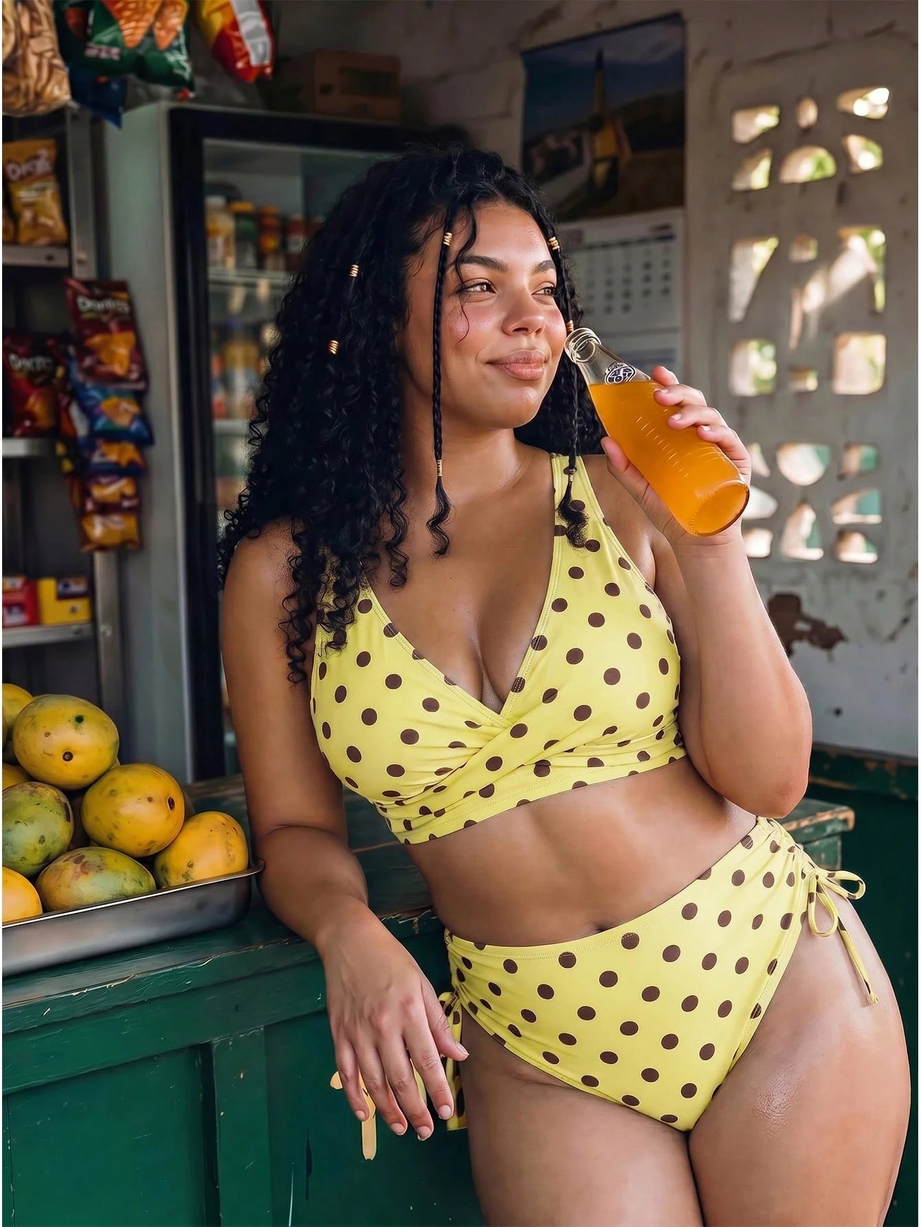 Swim Mod Plus Size Women 2pcs Random Polka Dot Print Ruched Cross Waist Casual Swimsuit Set