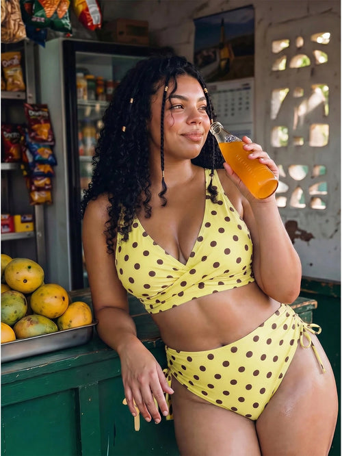 Swim Mod Plus Size Women 2pcs Random Polka Dot Print Ruched Cross Waist Casual Swimsuit Set