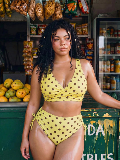 Swim Mod Plus Size Women 2pcs Random Polka Dot Print Ruched Cross Waist Casual Swimsuit Set