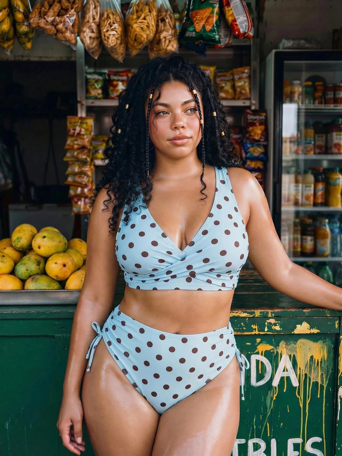Swim Mod Plus Size Women 2pcs Random Polka Dot Print Ruched Cross Waist Casual Swimsuit Set