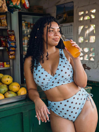 Swim Mod Plus Size Women 2pcs Random Polka Dot Print Ruched Cross Waist Casual Swimsuit Set