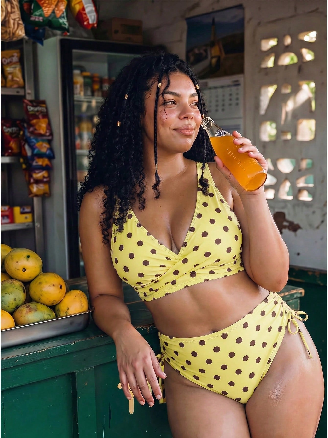 Swim Mod Plus Size Women 2pcs Random Polka Dot Print Ruched Cross Waist Casual Swimsuit Set