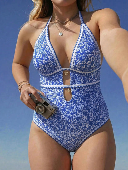 Swim Mod Plus Size Women's One-Piece Random Floral Print Elegant One-Piece Swimsuit
