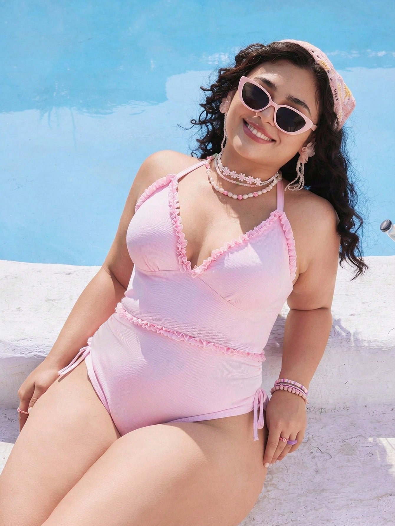 Swim Mod Plus Size Women's Sweet Cute Minimalist Beach Vacation Pink Special Fabric Lace Adjustable Strap Two Pieces Tank Bikini