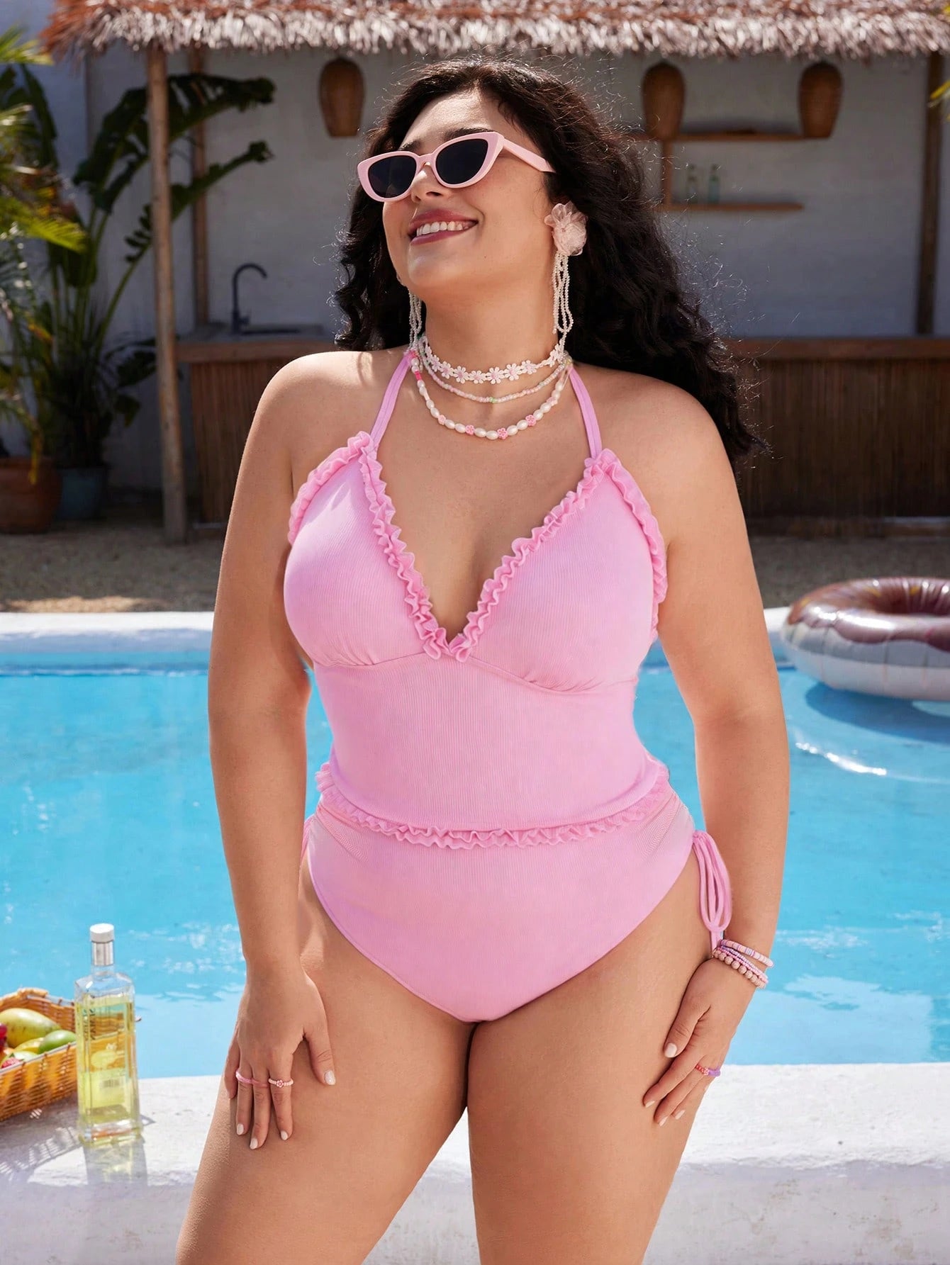 Swim Mod Plus Size Women's Sweet Cute Minimalist Beach Vacation Pink Special Fabric Lace Adjustable Strap Two Pieces Tank Bikini