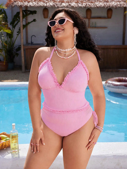 Swim Mod Plus Size Women's Sweet Cute Minimalist Beach Vacation Pink Special Fabric Lace Adjustable Strap Two Pieces Tank Bikini