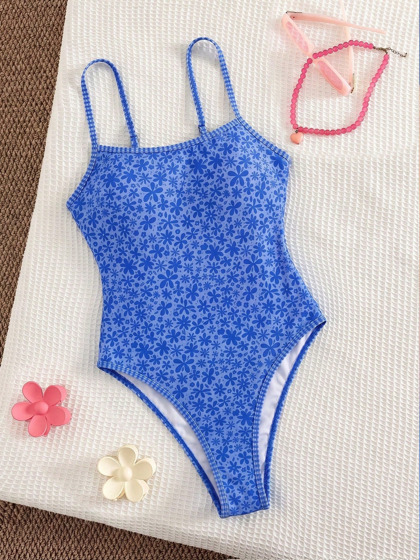 Swim Mod Spring/Summer New Arrival Cross-Border European And American Sexy One-Piece Swimsuit, High-Cut Triangle Bottoms, Ocean Life Print Contrast Color Spaghetti Strap, Gather Bust, Backless, Bodysu