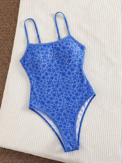Swim Mod Spring/Summer New Arrival Cross-Border European And American Sexy One-Piece Swimsuit, High-Cut Triangle Bottoms, Ocean Life Print Contrast Color Spaghetti Strap, Gather Bust, Backless, Bodysu