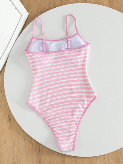 Swim Mod Spring/Summer New European And American Style Sexy One-Piece Bikini Swimsuit Set, Pink And White Striped Textured Fabric With Color Block Thin Trim, High-Cut Triangle Bottom, Push-Up Small Bu
