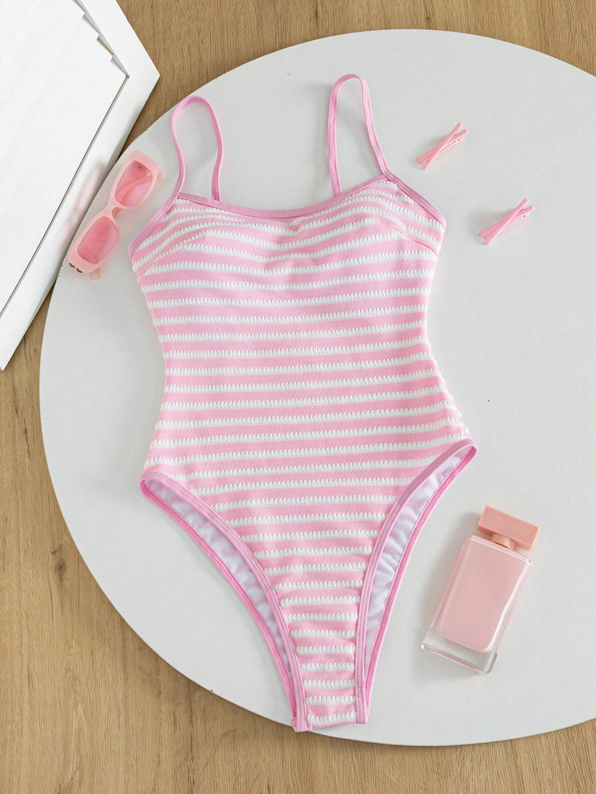 Swim Mod Spring/Summer New European And American Style Sexy One-Piece Bikini Swimsuit Set, Pink And White Striped Textured Fabric With Color Block Thin Trim, High-Cut Triangle Bottom, Push-Up Small Bu
