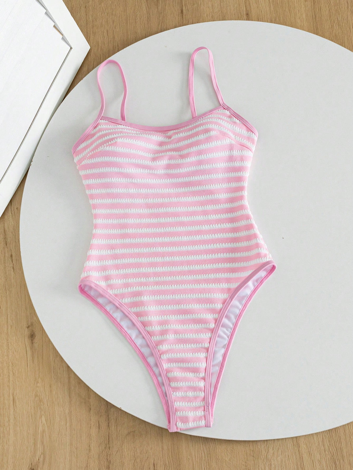 Swim Mod Spring/Summer New European And American Style Sexy One-Piece Bikini Swimsuit Set, Pink And White Striped Textured Fabric With Color Block Thin Trim, High-Cut Triangle Bottom, Push-Up Small Bu