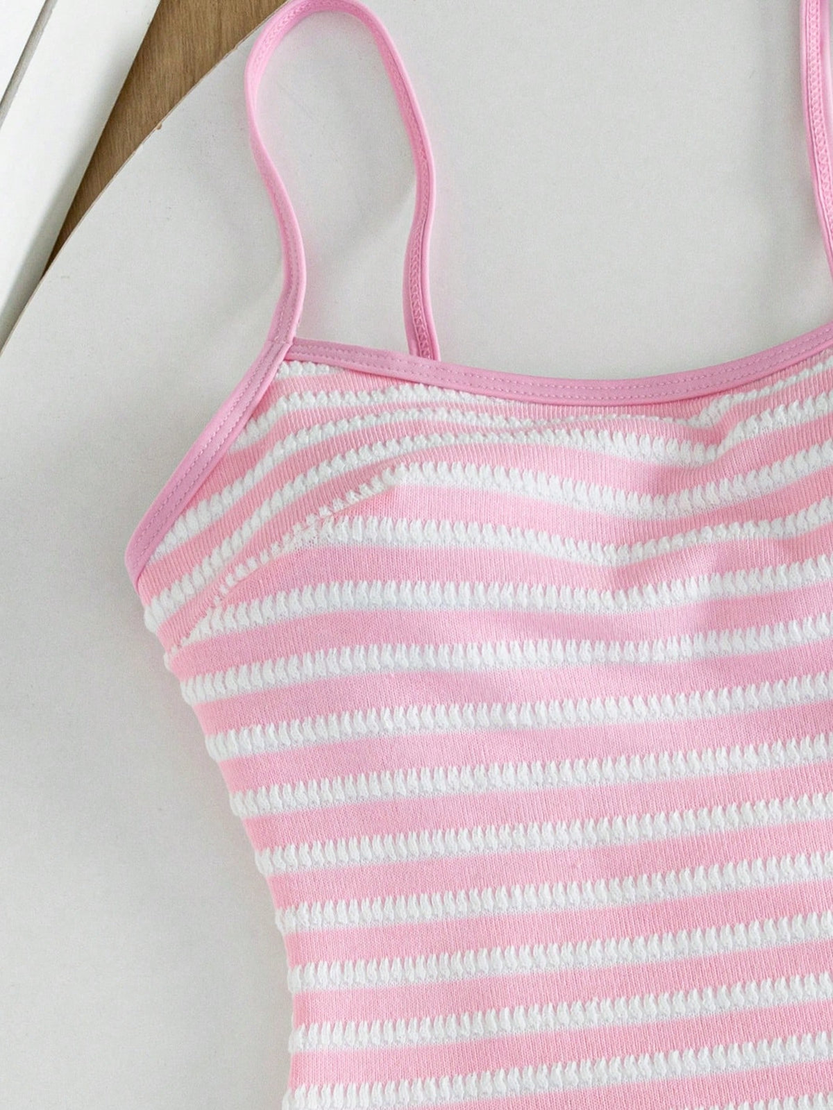 Swim Mod Spring/Summer New European And American Style Sexy One-Piece Bikini Swimsuit Set, Pink And White Striped Textured Fabric With Color Block Thin Trim, High-Cut Triangle Bottom, Push-Up Small Bu