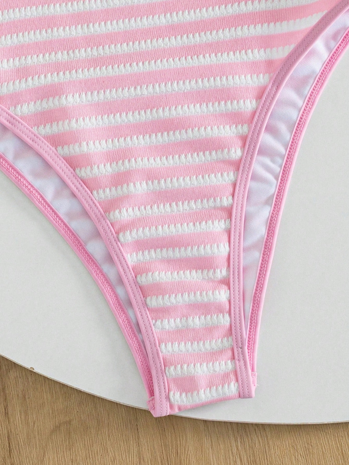 Swim Mod Spring/Summer New European And American Style Sexy One-Piece Bikini Swimsuit Set, Pink And White Striped Textured Fabric With Color Block Thin Trim, High-Cut Triangle Bottom, Push-Up Small Bu