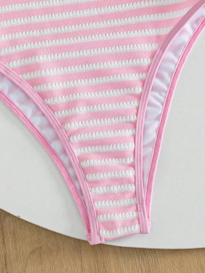Swim Mod Spring/Summer New European And American Style Sexy One-Piece Bikini Swimsuit Set, Pink And White Striped Textured Fabric With Color Block Thin Trim, High-Cut Triangle Bottom, Push-Up Small Bu