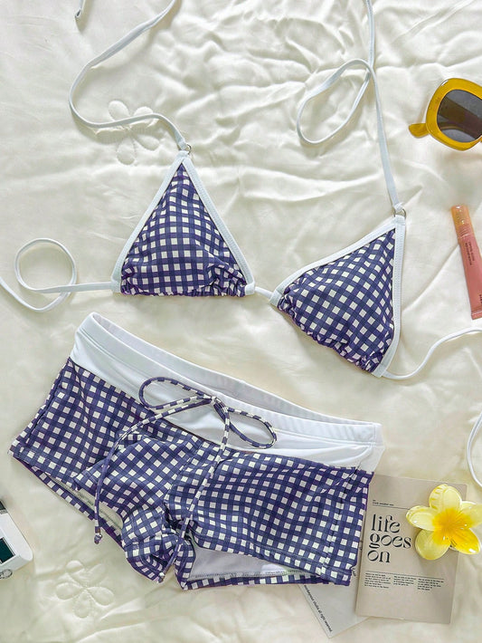 Swim Mod Women Gingham Print Bikini Set With Gym Short Swimpants,White,Summer,Cute,Holiday,Pool Party,Holiday Beachwear Vacation Outfit Brown Swimwear