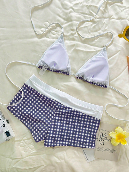 Swim Mod Women Gingham Print Bikini Set With Gym Short Swimpants,White,Summer,Cute,Holiday,Pool Party,Holiday Beachwear Vacation Outfit Brown Swimwear