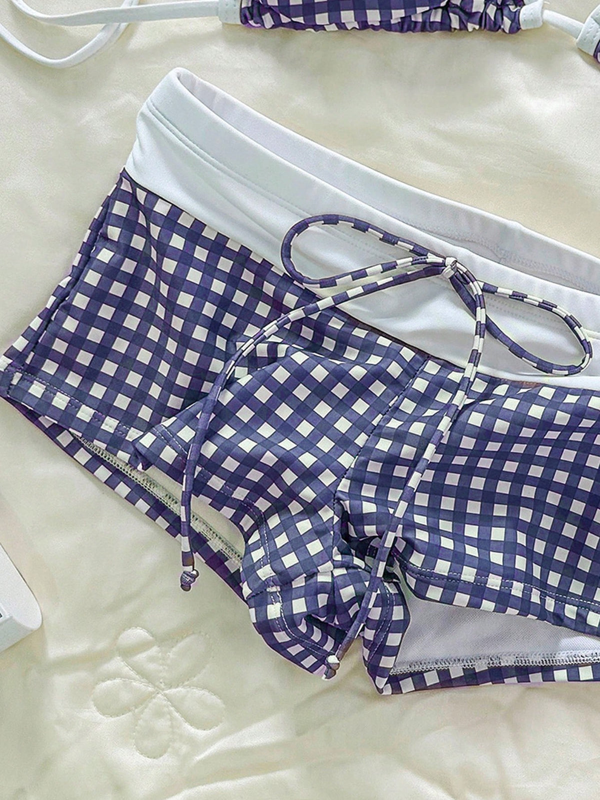Swim Mod Women Gingham Print Bikini Set With Gym Short Swimpants,White,Summer,Cute,Holiday,Pool Party,Holiday Beachwear Vacation Outfit Brown Swimwear