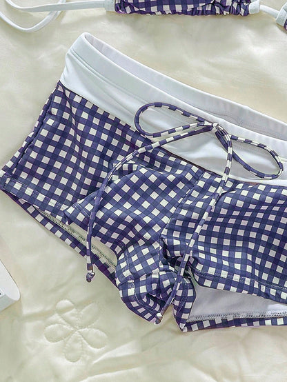 Swim Mod Women Gingham Print Bikini Set With Gym Short Swimpants,White,Summer,Cute,Holiday,Pool Party,Holiday Beachwear Vacation Outfit Brown Swimwear