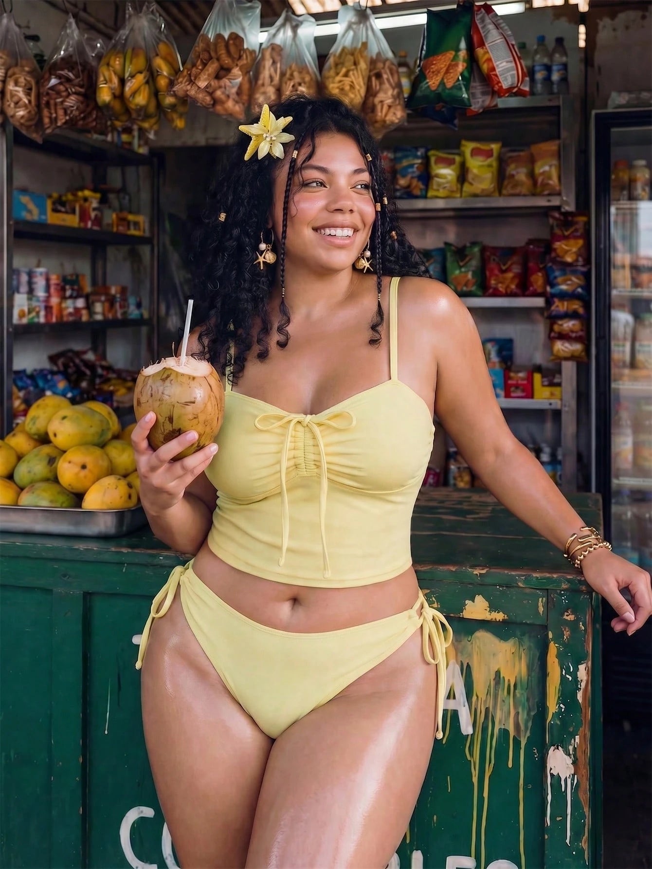 Swim Mod Women Plus Size 2-Piece Elegant Butter Yellow Bikini Set,Ruched Bow Tie Top,Adjustable Side Tie Bottoms,Modest Summer Beach Vacation Holiday,Holiday