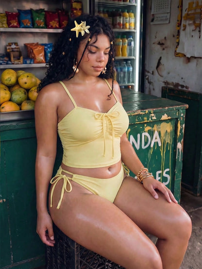 Swim Mod Women Plus Size 2-Piece Elegant Butter Yellow Bikini Set,Ruched Bow Tie Top,Adjustable Side Tie Bottoms,Modest Summer Beach Vacation Holiday,Holiday
