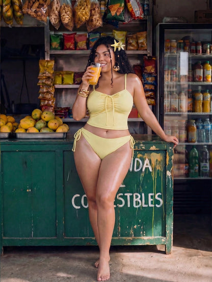 Swim Mod Women Plus Size 2-Piece Elegant Butter Yellow Bikini Set,Ruched Bow Tie Top,Adjustable Side Tie Bottoms,Modest Summer Beach Vacation Holiday,Holiday