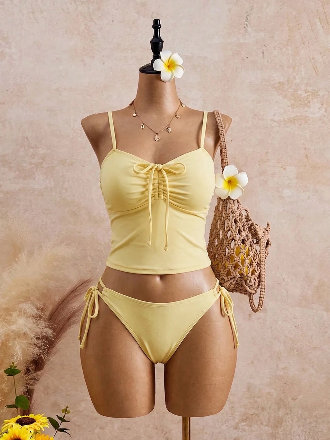 Swim Mod Women Plus Size 2-Piece Elegant Butter Yellow Bikini Set,Ruched Bow Tie Top,Adjustable Side Tie Bottoms,Modest Summer Beach Vacation Holiday,Holiday