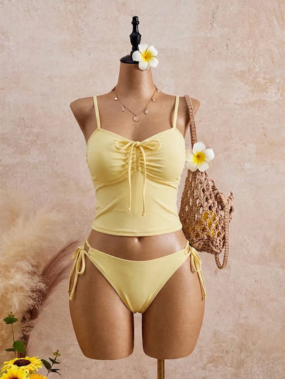 Swim Mod Women Plus Size 2-Piece Elegant Butter Yellow Bikini Set,Ruched Bow Tie Top,Adjustable Side Tie Bottoms,Modest Summer Beach Vacation Holiday,Holiday