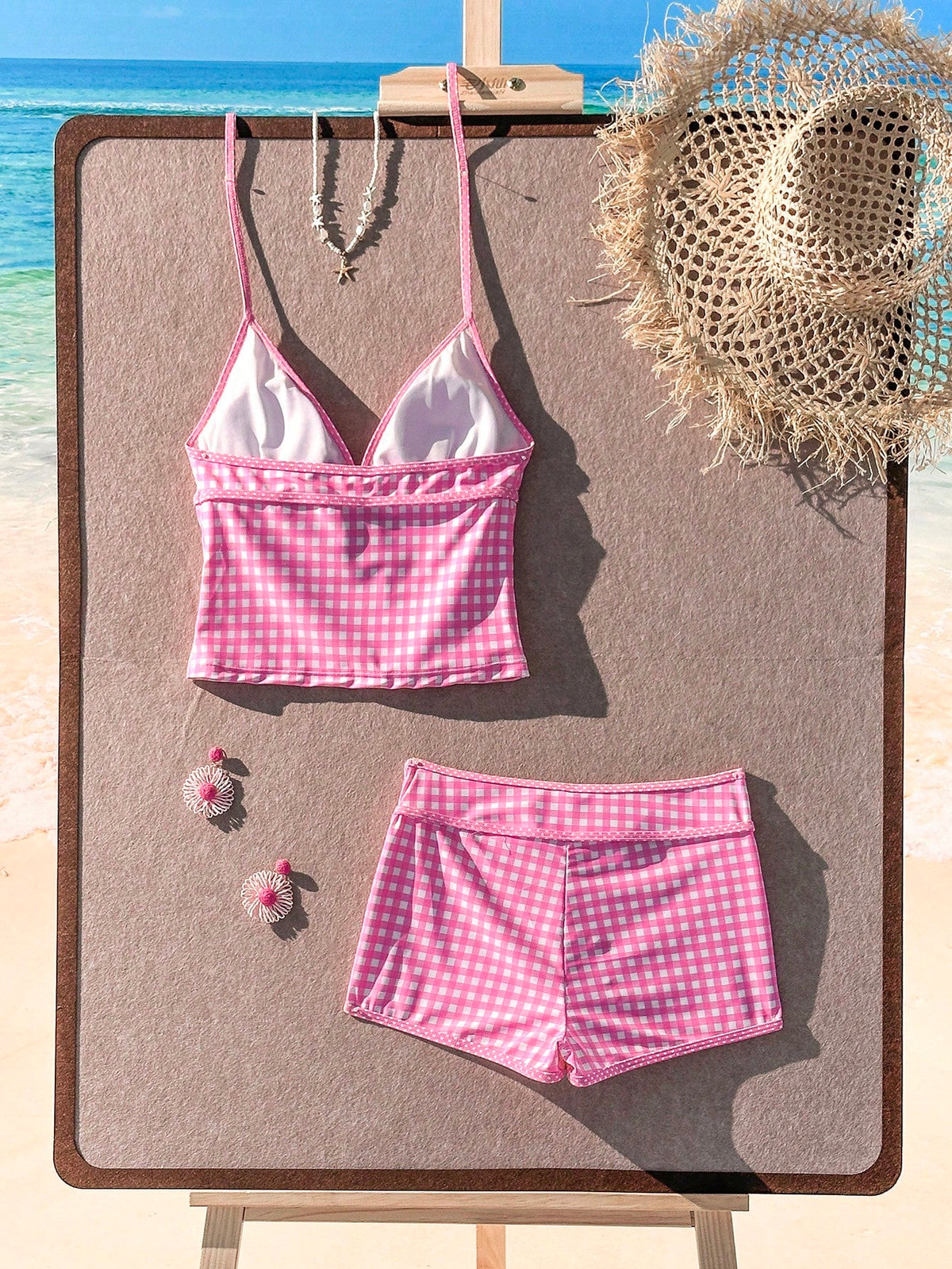 Swim Mod Women's 2-Piece Gingham Print Random Camisole Top And Shorts Bikini Set, Summer Beach