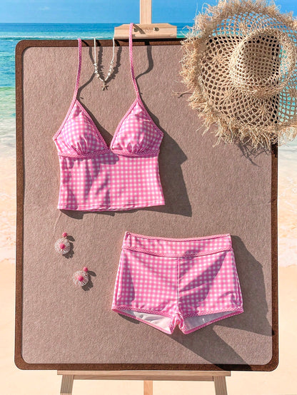 Swim Mod Women's 2-Piece Gingham Print Random Camisole Top And Shorts Bikini Set, Summer Beach