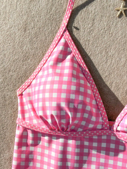 Swim Mod Women's 2-Piece Gingham Print Random Camisole Top And Shorts Bikini Set, Summer Beach