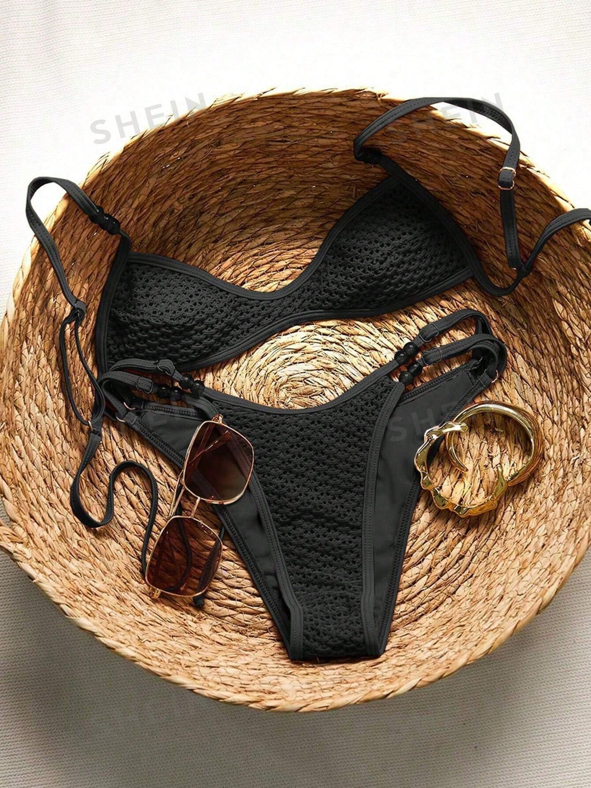 Swim Mod Women's Black Swimsuit Set,Mesh Hollow-Out Amber Beads, Elegant Tropical Slim-Fitting Summer Holiday,Beach Vacation Party Holiday,Textured