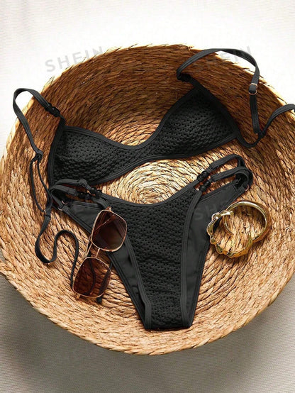 Swim Mod Women's Black Swimsuit Set,Mesh Hollow-Out Amber Beads, Elegant Tropical Slim-Fitting Summer Holiday,Beach Vacation Party Holiday,Textured