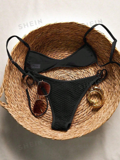 Swim Mod Women's Black Swimsuit Set,Mesh Hollow-Out Amber Beads, Elegant Tropical Slim-Fitting Summer Holiday,Beach Vacation Party Holiday,Textured