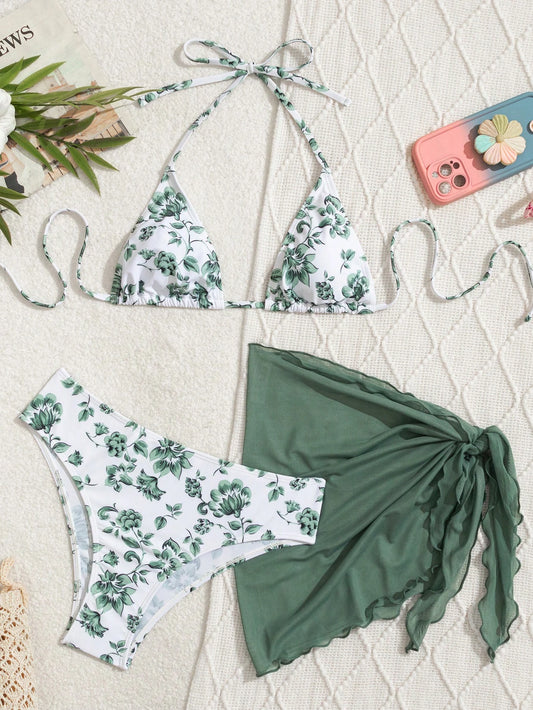 Swim Mod Women's Floral Print Halter Tie Bikini Set With Cover-Up Sarong Skirt, 3pcs Summer Beach Swimwear Set