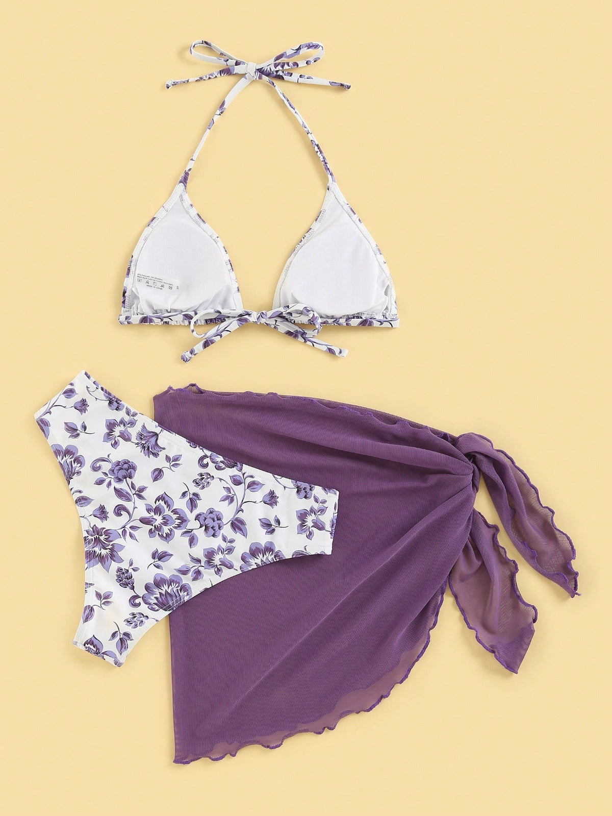 Swim Mod Women's Floral Print Halter Tie Bikini Set With Cover-Up Sarong Skirt, 3pcs Summer Beach Swimwear Set