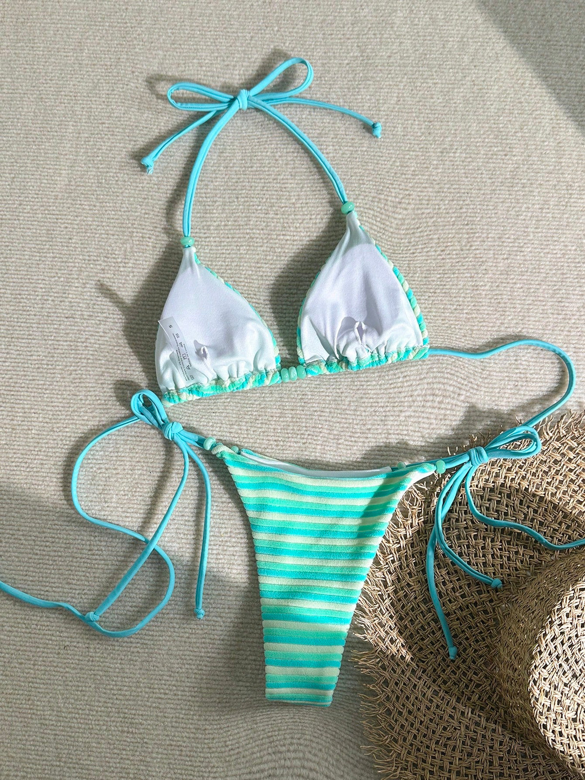 Swim Mod Women's Light Blue Striped Bikini Set,2 Pieces Beaded Cute Summer Bathing Suits For Casual Beach,Holiday,Vacation,Resort,Cruise & Boho Music Festival