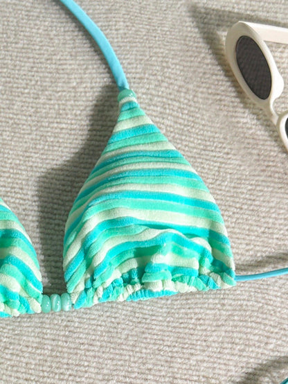 Swim Mod Women's Light Blue Striped Bikini Set,2 Pieces Beaded Cute Summer Bathing Suits For Casual Beach,Holiday,Vacation,Resort,Cruise & Boho Music Festival
