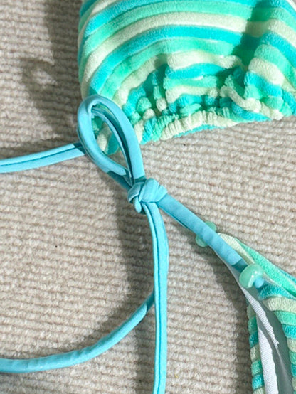 Swim Mod Women's Light Blue Striped Bikini Set,2 Pieces Beaded Cute Summer Bathing Suits For Casual Beach,Holiday,Vacation,Resort,Cruise & Boho Music Festival