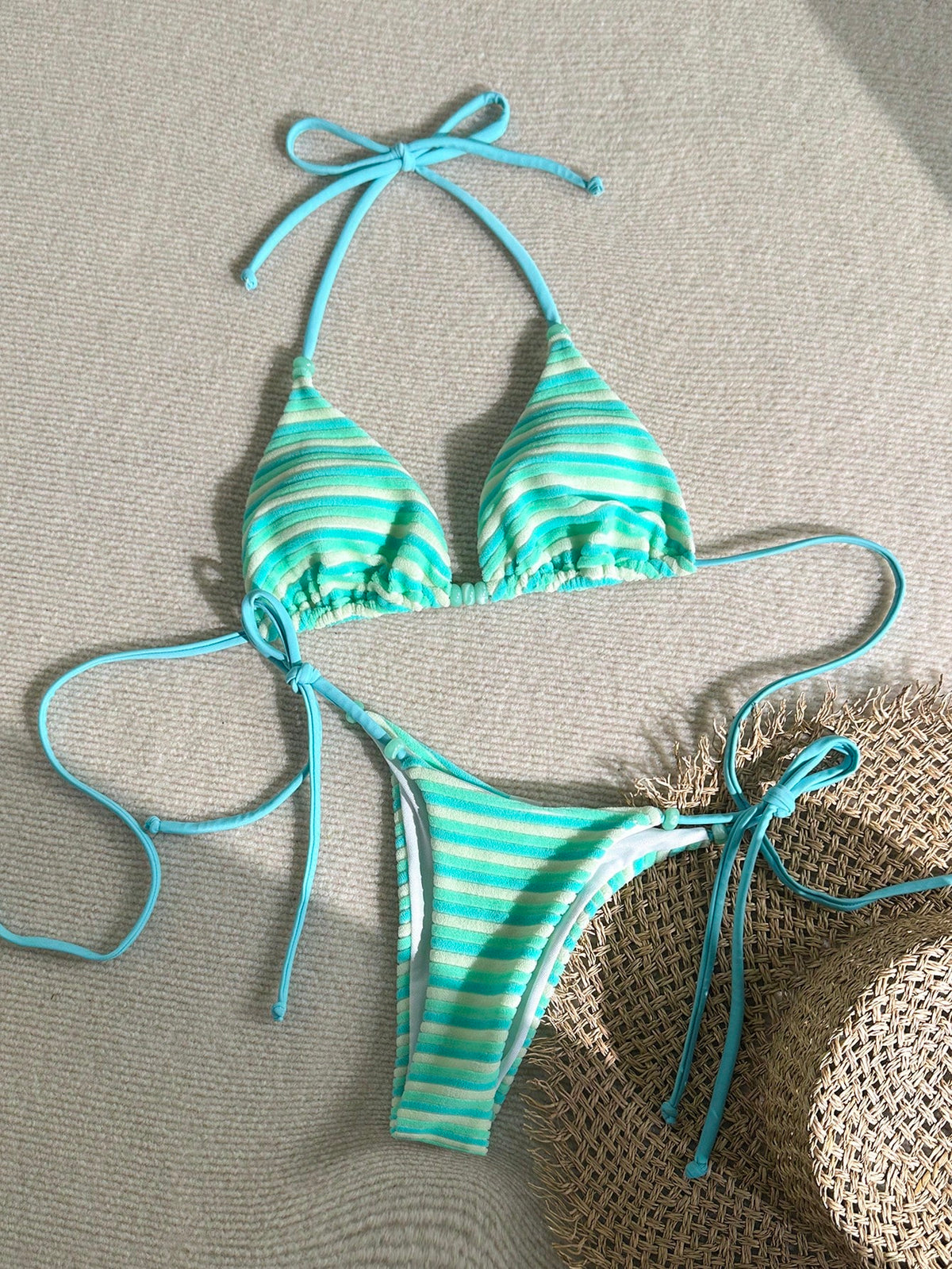 Swim Mod Women's Light Blue Striped Bikini Set,2 Pieces Beaded Cute Summer Bathing Suits For Casual Beach,Holiday,Vacation,Resort,Cruise & Boho Music Festival