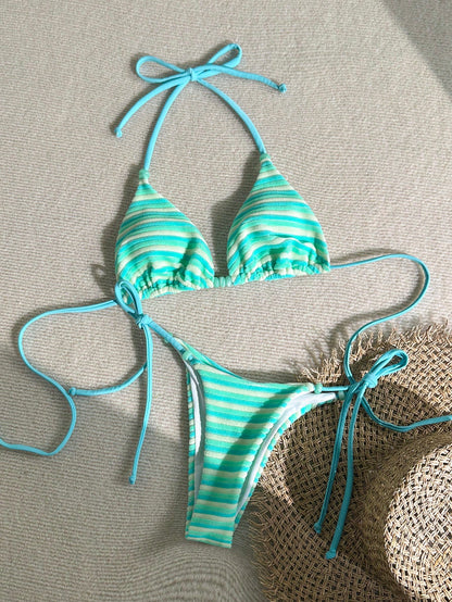 Swim Mod Women's Light Blue Striped Bikini Set,2 Pieces Beaded Cute Summer Bathing Suits For Casual Beach,Holiday,Vacation,Resort,Cruise & Boho Music Festival